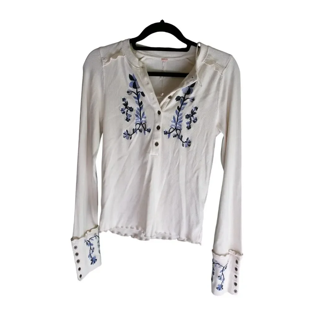 NWT Free People Embroidered Henley Top M Ivory Blue Floral Long Sleeve